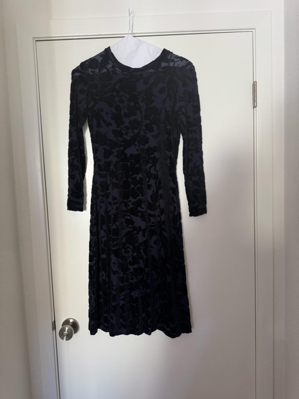 Long-Sleeve dark Navy Floral Velvet Fit & Flare Dress with the black slip